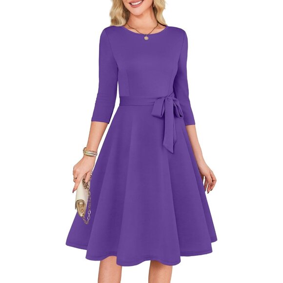 Women's Dark Purple3/4 Sleeve Vintage Flattering A-line Vintage Cocktail Dresses - Picture 1 of 5